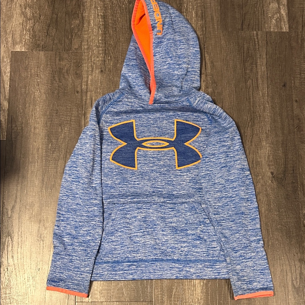 Under Armour Kids Heathered Blue Hoodie with Orange Lining